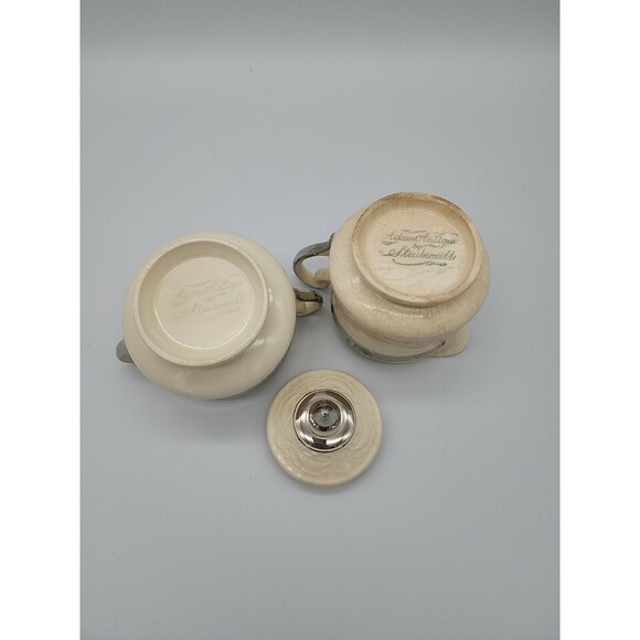 ADAM ANTIQUE by STEUBENVILLE Sugar Bowl w Lid & Creamer Cream with Silver TrIm - Picture 7 of 12